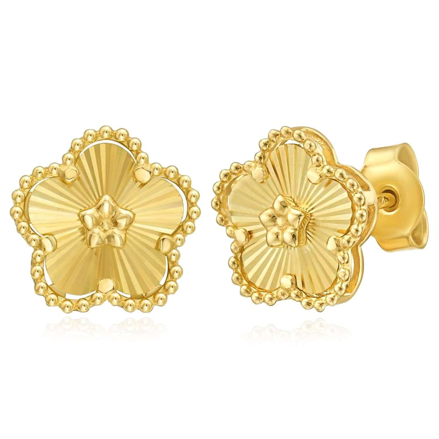 Real 14K Gold Radiating Flower Stud Earrings 11mm