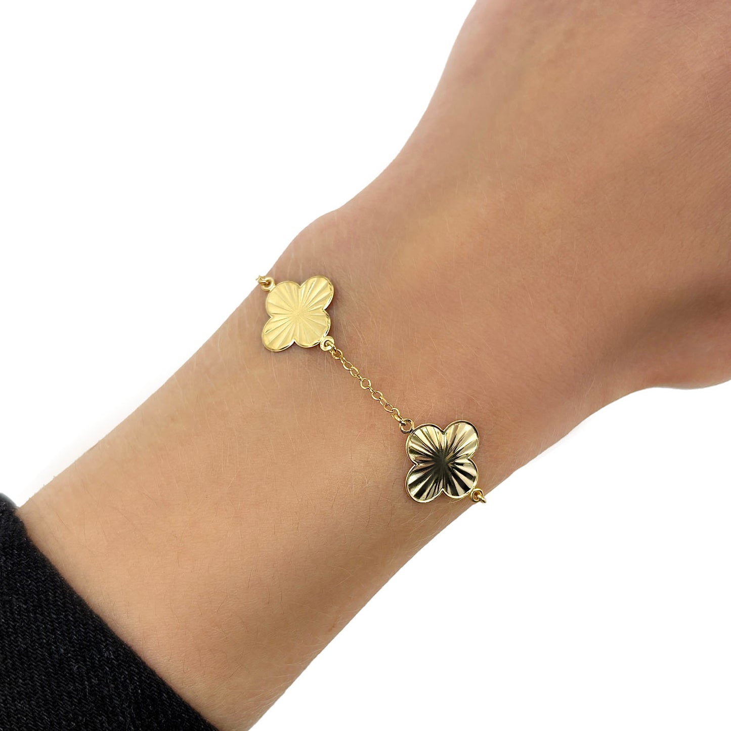 Real 14K Gold Textured Adjustable Clover Bracelet 6.5"-7.25"
