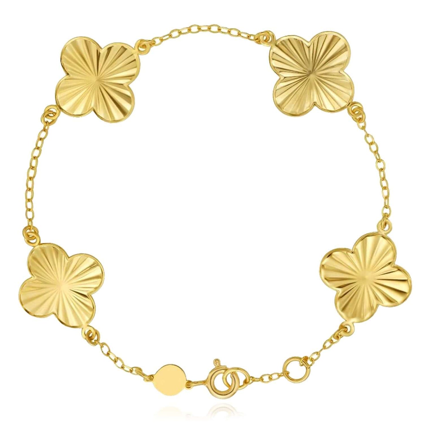 Real 14K Gold Textured Adjustable Clover Bracelet 6.5"-7.25"