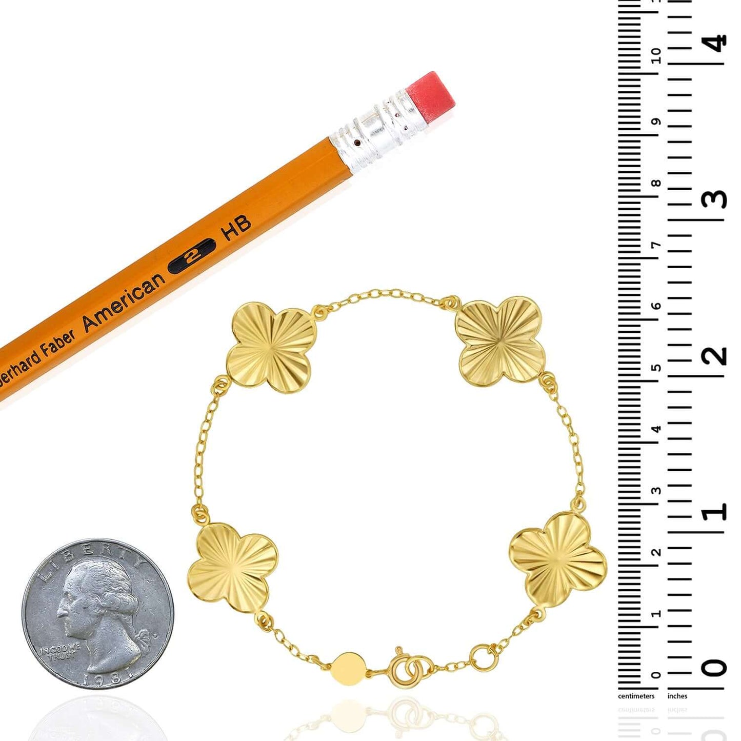 Real 14K Gold Textured Adjustable Clover Bracelet 6.5"-7.25"