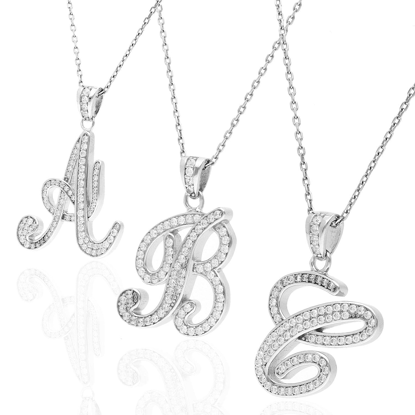 925 Sterling Silver Single Script Initial Cubic Zirconia Pendant Necklace 18"