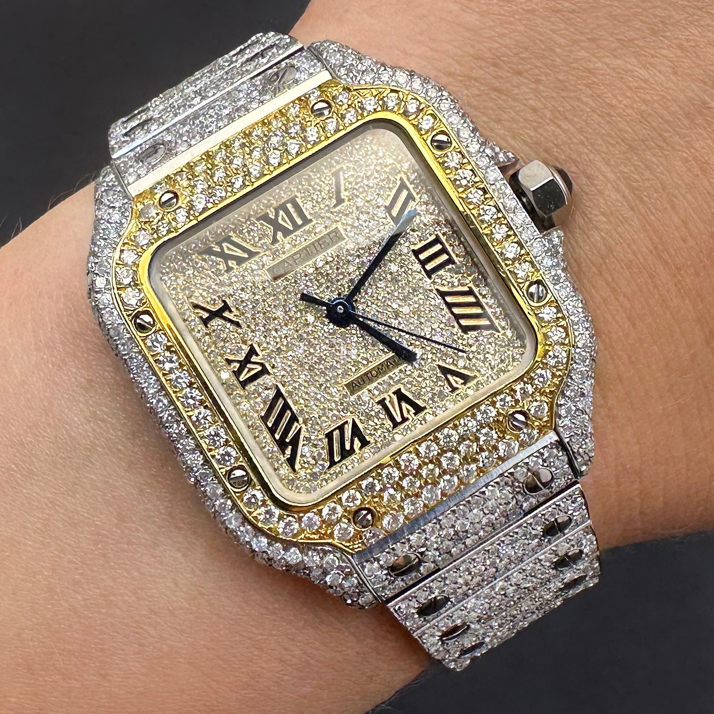Cartier Santos 40mm Automatic Watch 12CTW Real Diamond Custom Full Pave Roman Dial