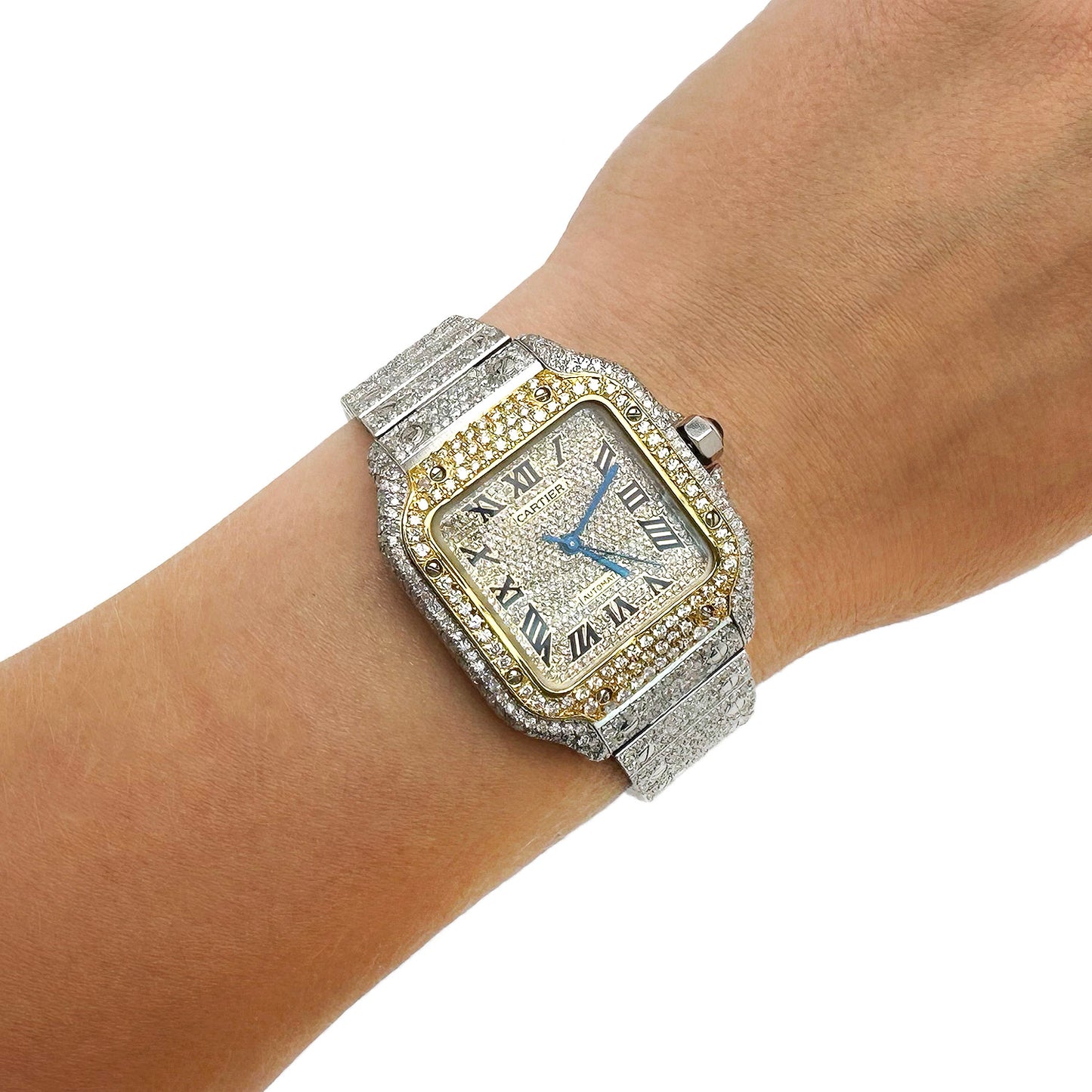 Cartier Santos 40mm Automatic Watch 12CTW Real Diamond Custom Full Pave Roman Dial