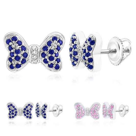 0.35CTW Natural Diamond & Natural Blue, Pink Sapphire 14K Gold Bow Stud Earrings 7mm