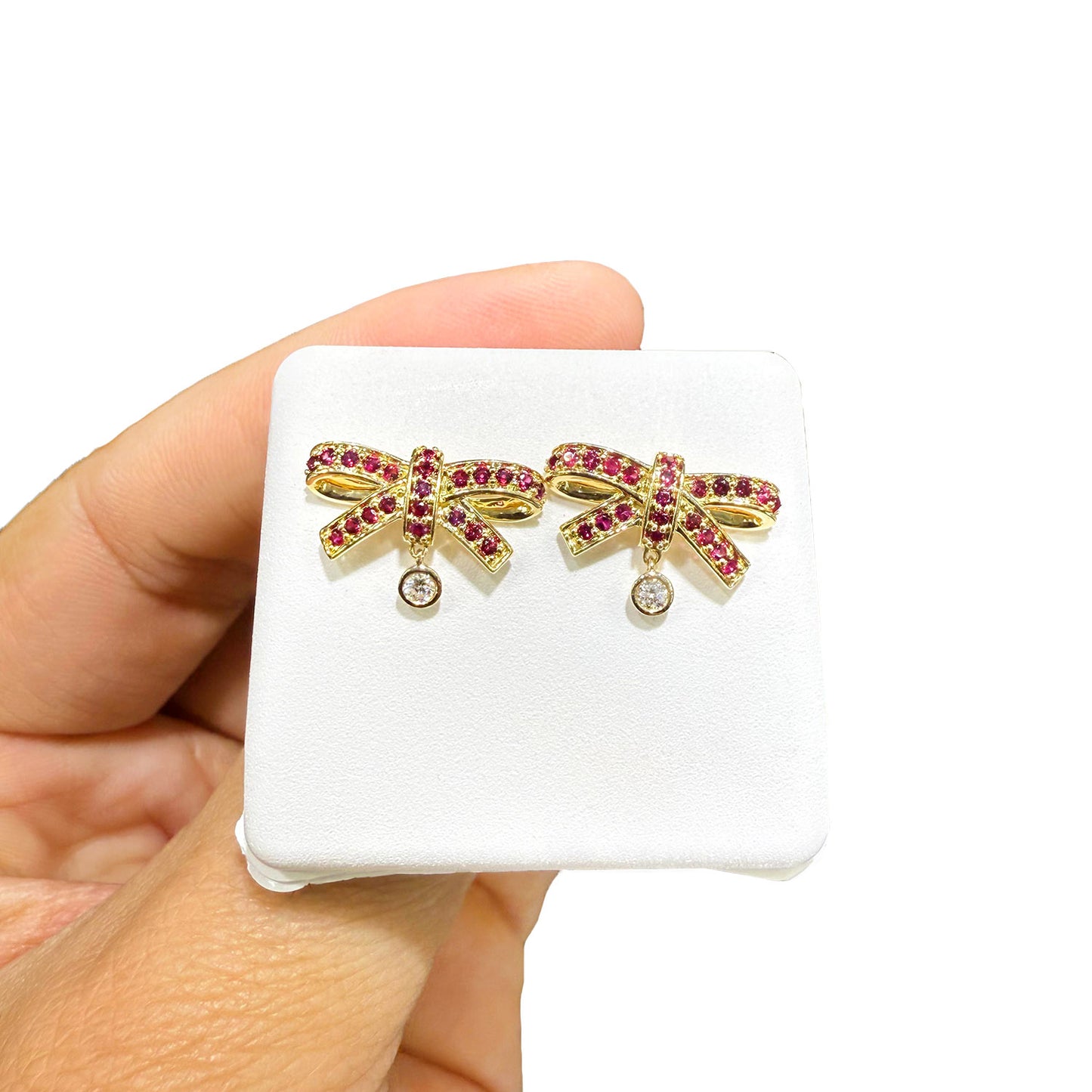 0.38CTW Real Diamond & Natural Ruby Emerald 14K Real Gold Bow Stud Earrings 11mm