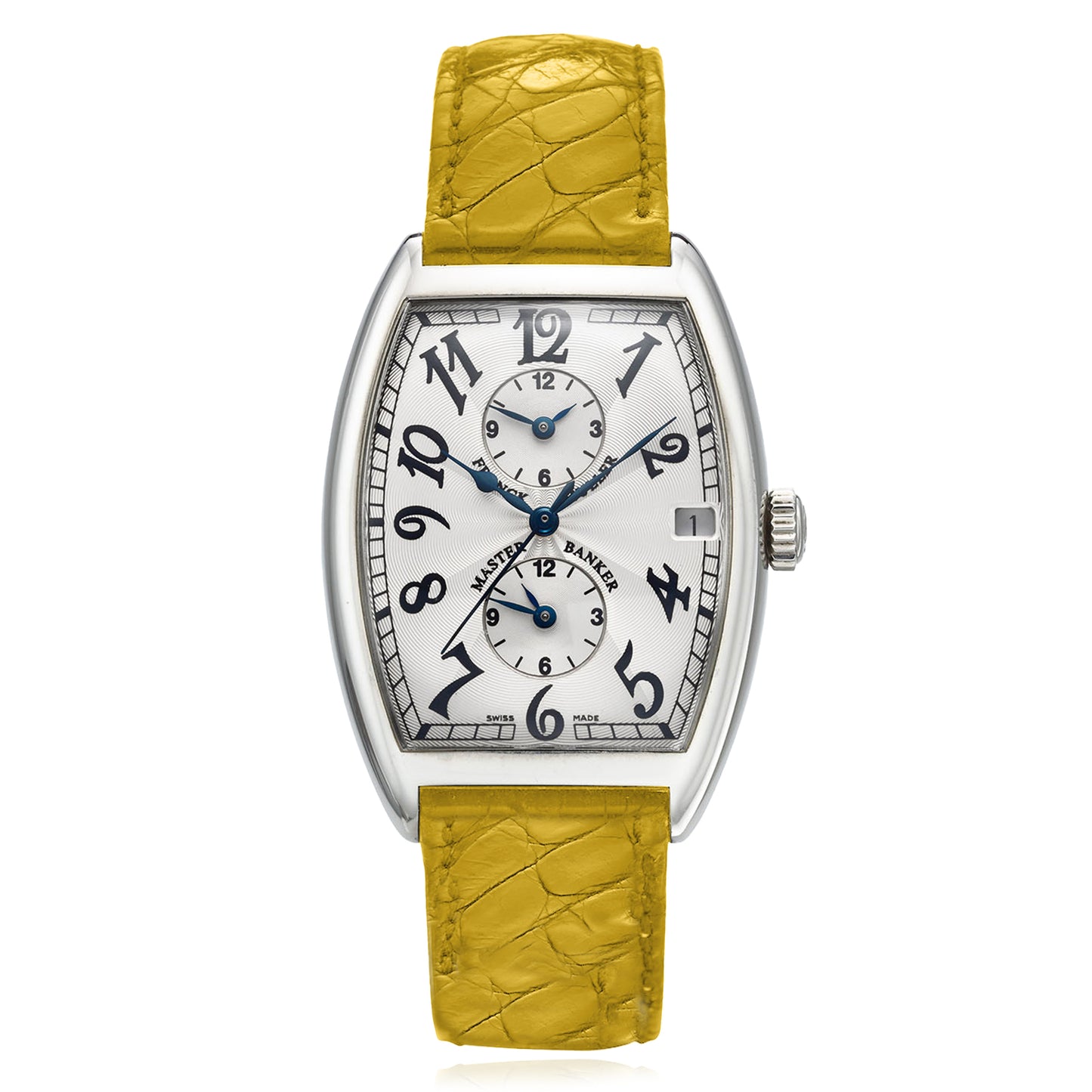 NEW Franck Muller Master Banker 18k Gold Arabic Dial Yellow Leather Strap Watch