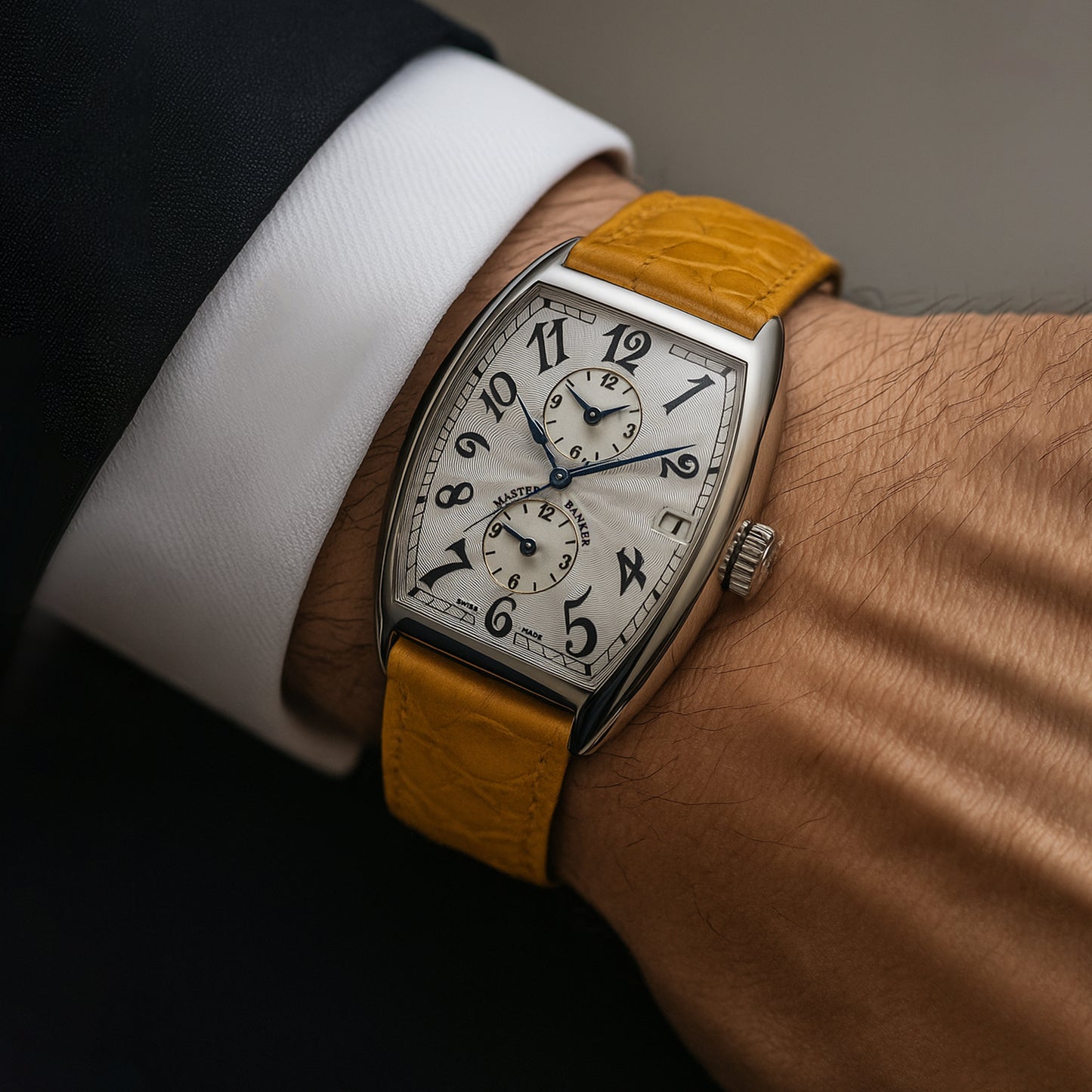 NEW Franck Muller Master Banker 18k Gold Arabic Dial Yellow Leather Strap Watch