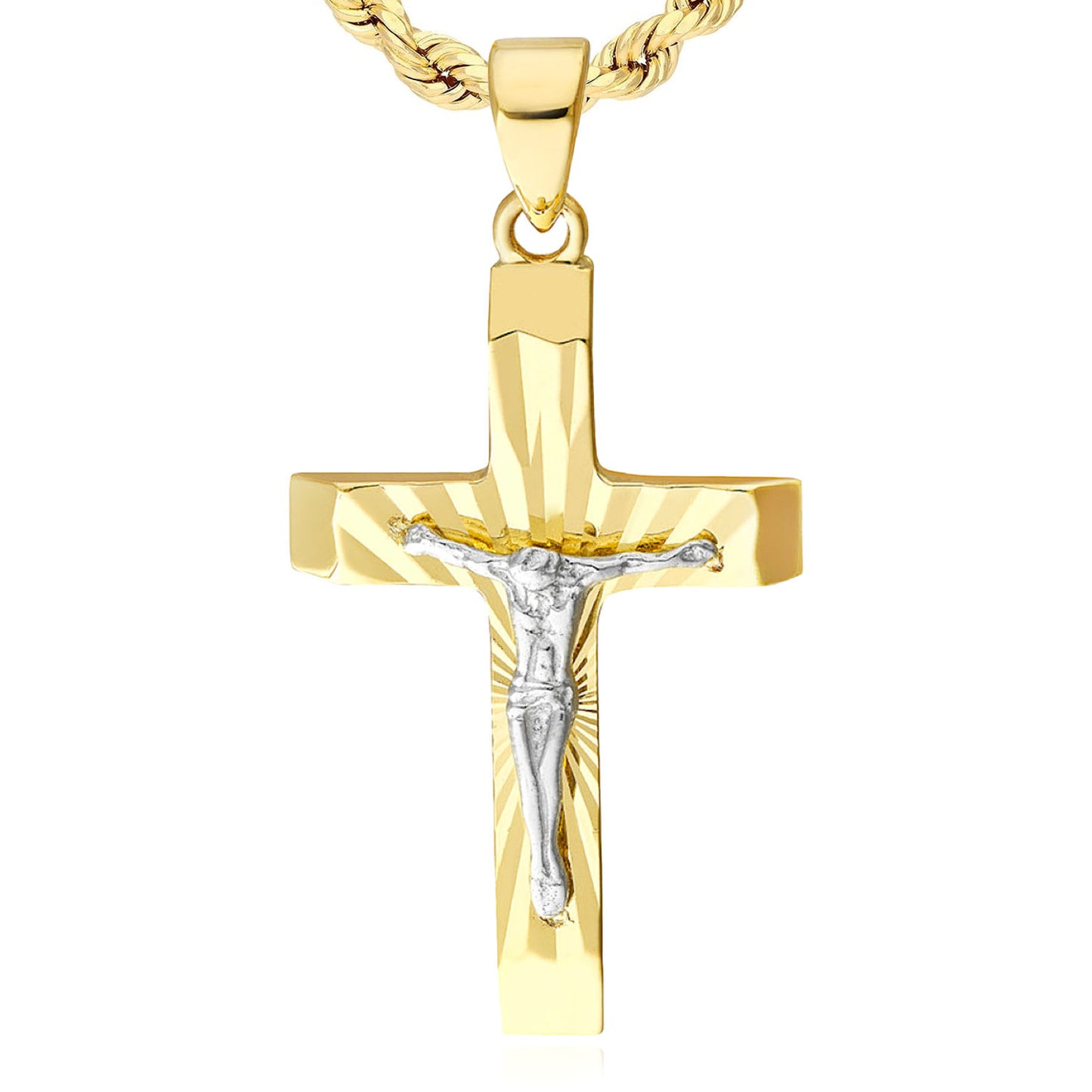 10K Two-Tone Gold Hollow Diamond-Cut Jesus Crucifix Cross Pendant 0.6"
