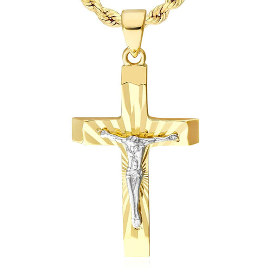 10K Two-Tone Gold Hollow Diamond-Cut Jesus Crucifix Cross Pendant 0.6"