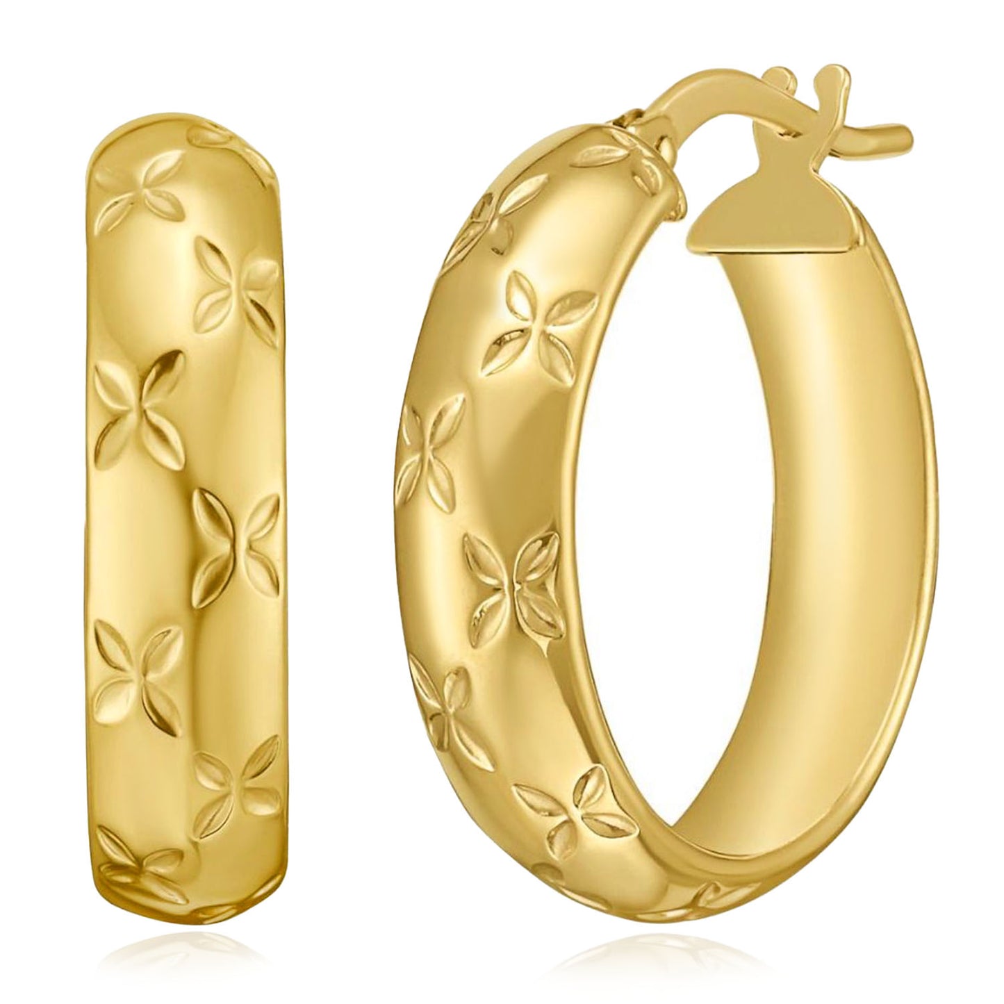 14K Yellow Gold Hollow Florentine Hoop Earrings 10mm 15mm