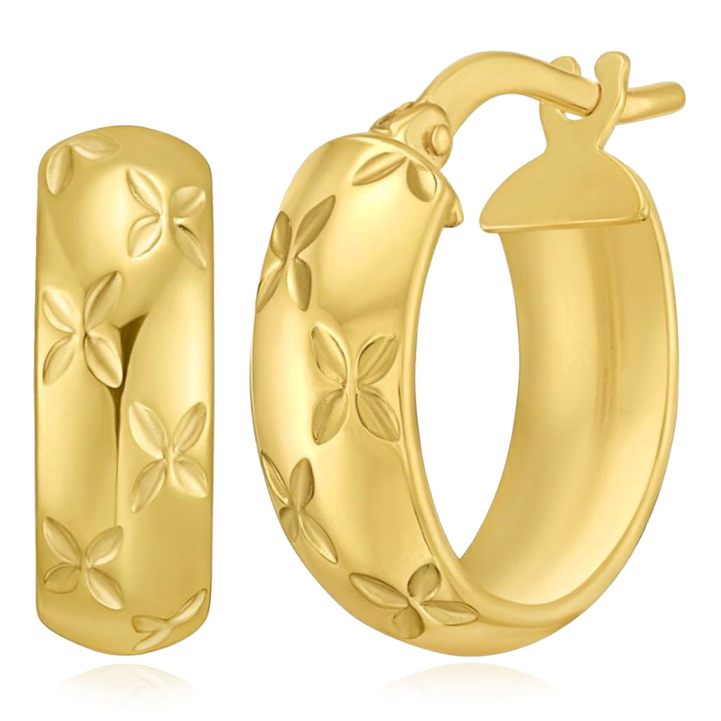 14K Yellow Gold Hollow Florentine Hoop Earrings 10mm 15mm