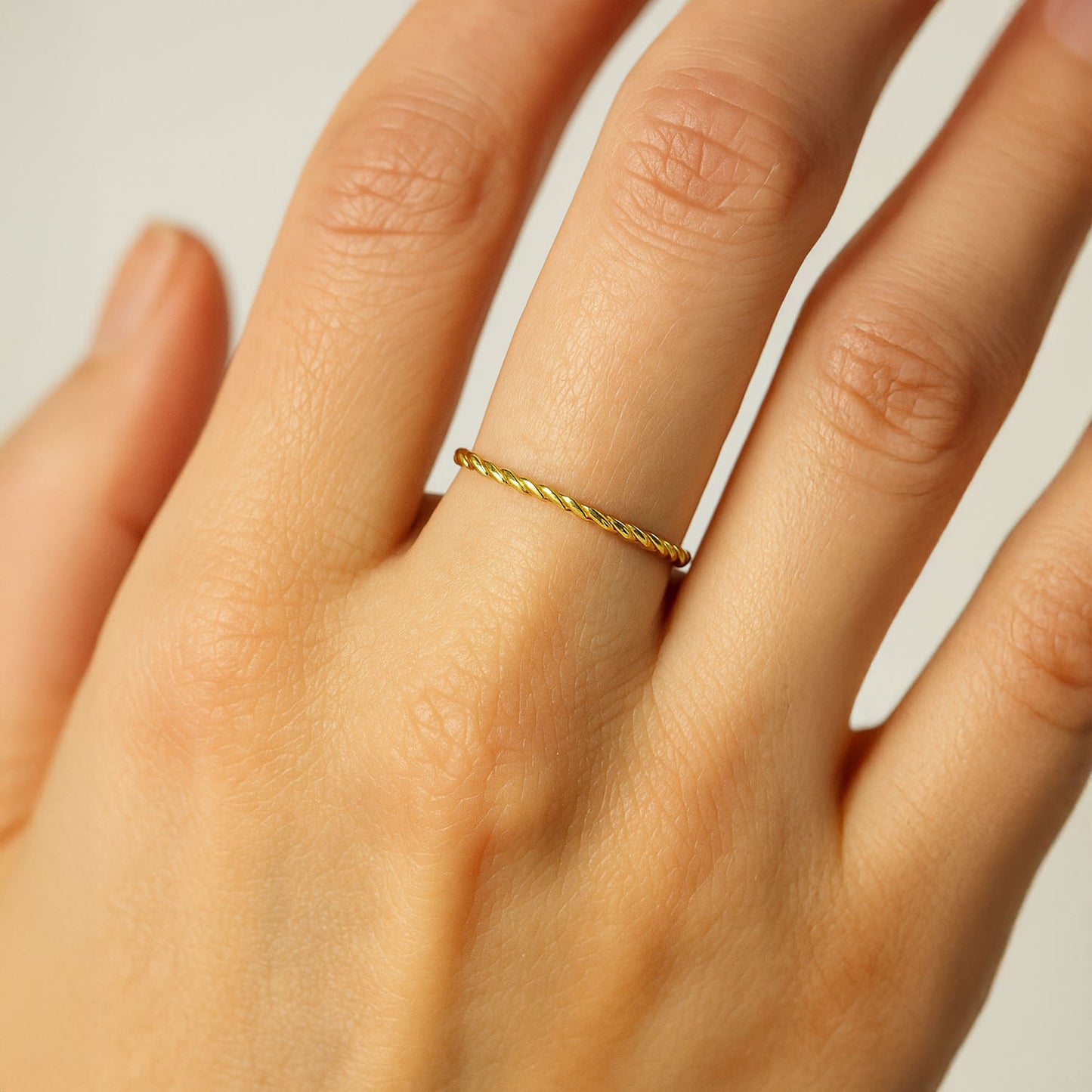 14K Yellow Gold 2mm Hollow Twisted Rope Band Stackable Ring