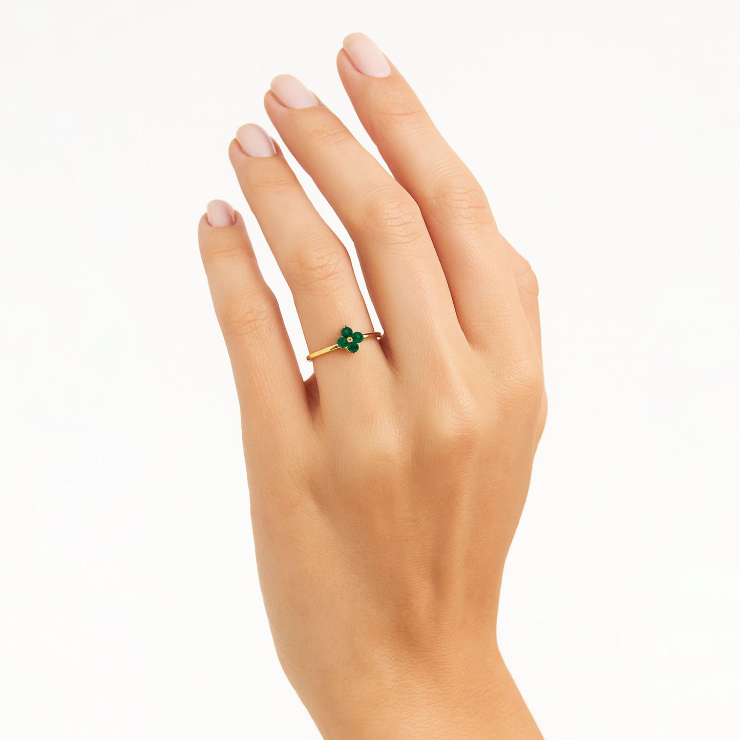 0.12CTW Natural Green Emerald 14K Yellow Gold Clover Stackable Ring