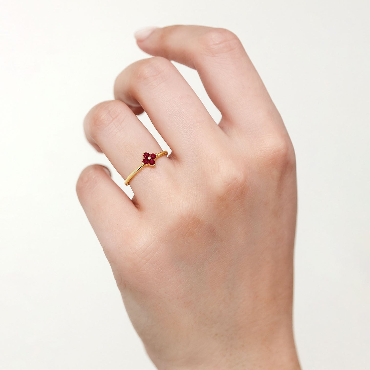 0.16CTW Natural Ruby 14K Yellow Gold Red Clover Stackable Ring