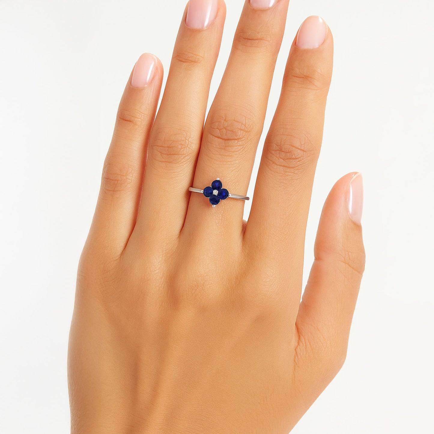 0.16CTW Natural Sapphire 14K White Gold Blue Clover Stackable Ring