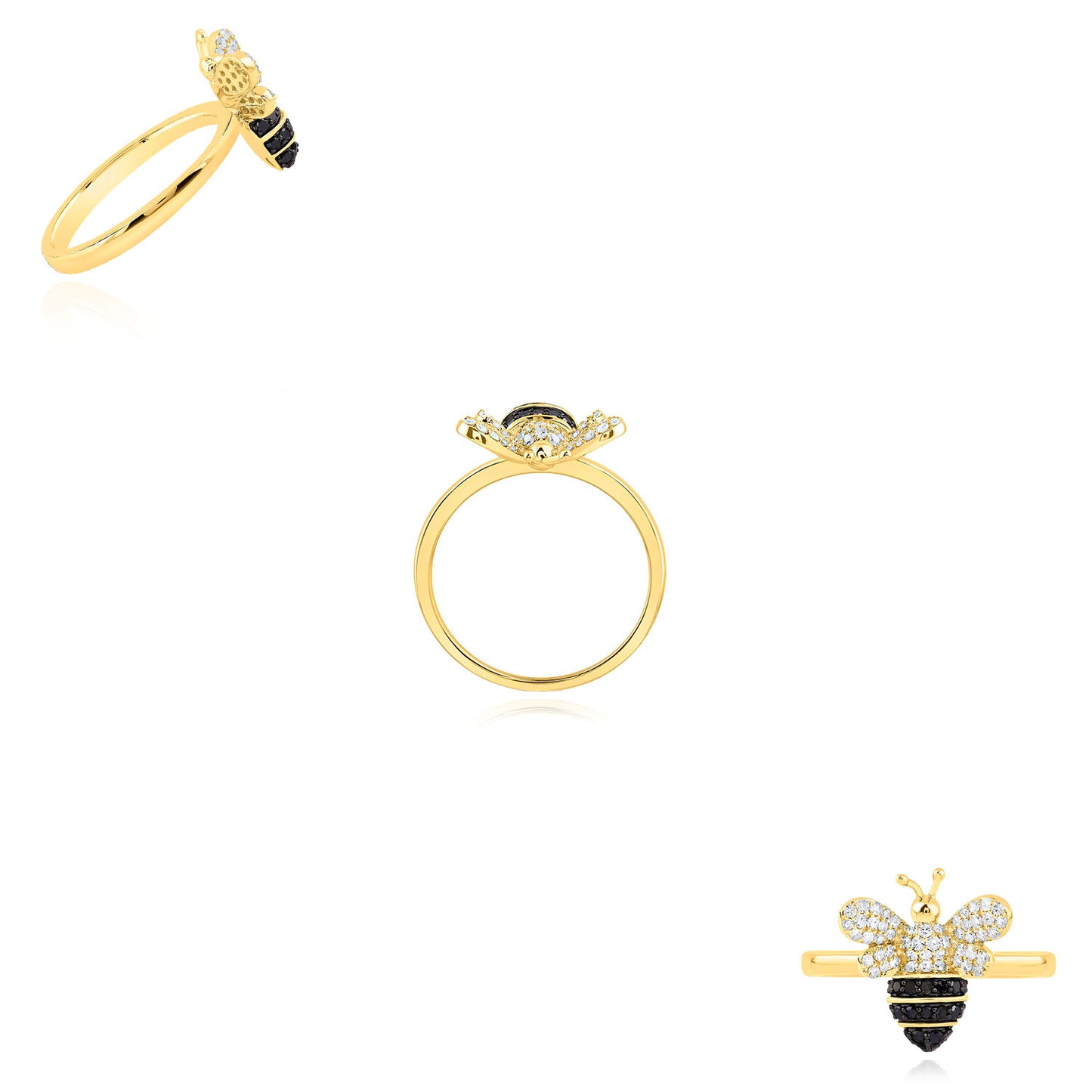 0.38CTW Natural White and Black Diamonds 10K Yellow Gold Honey Bee Ring