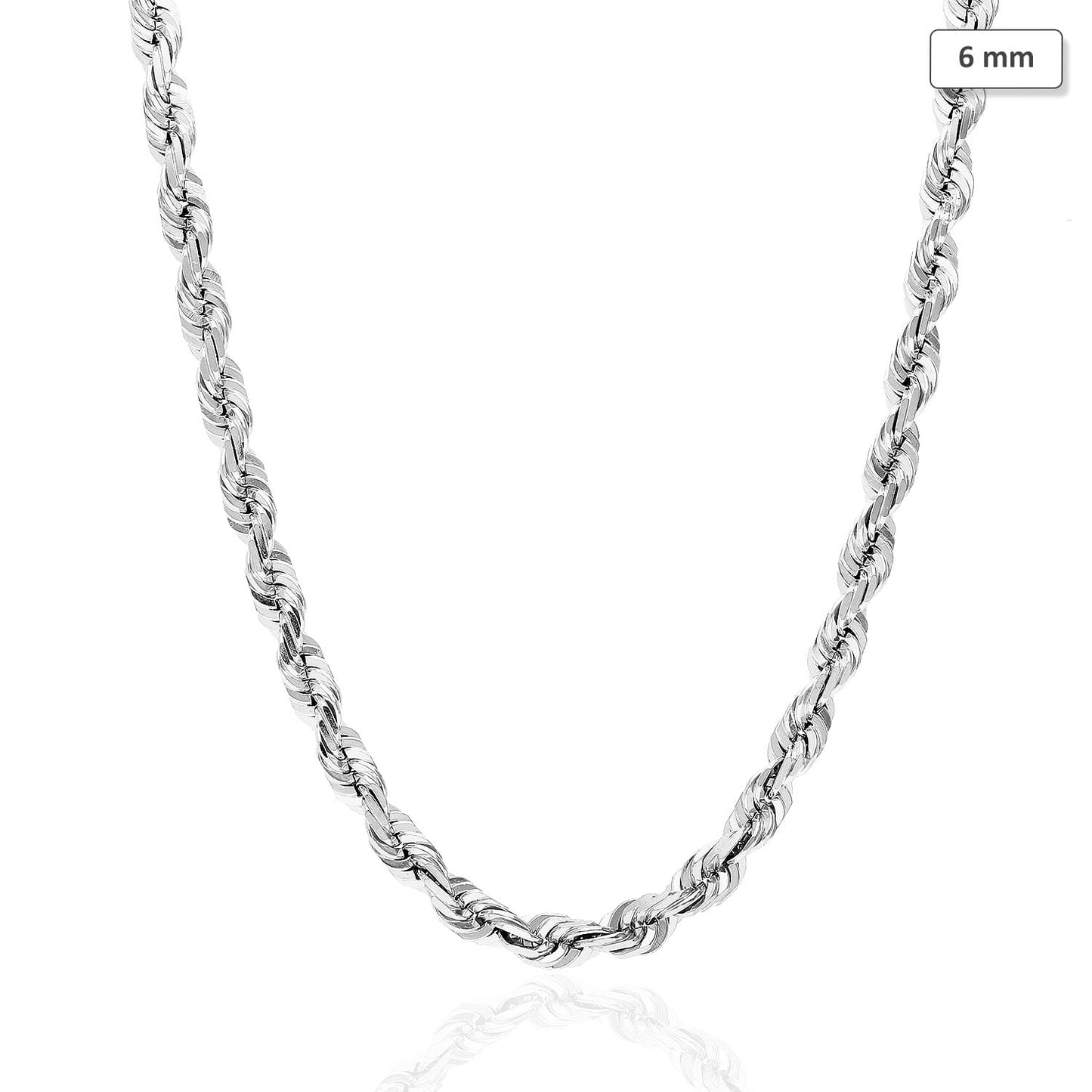 Solid 14K White Gold 6mm Diamond-Cut Rope Chain Necklace 22"-30"