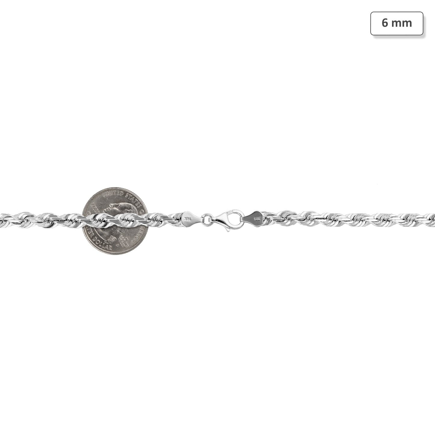 Solid 14K White Gold 6mm Diamond-Cut Rope Chain Necklace 22"-30"
