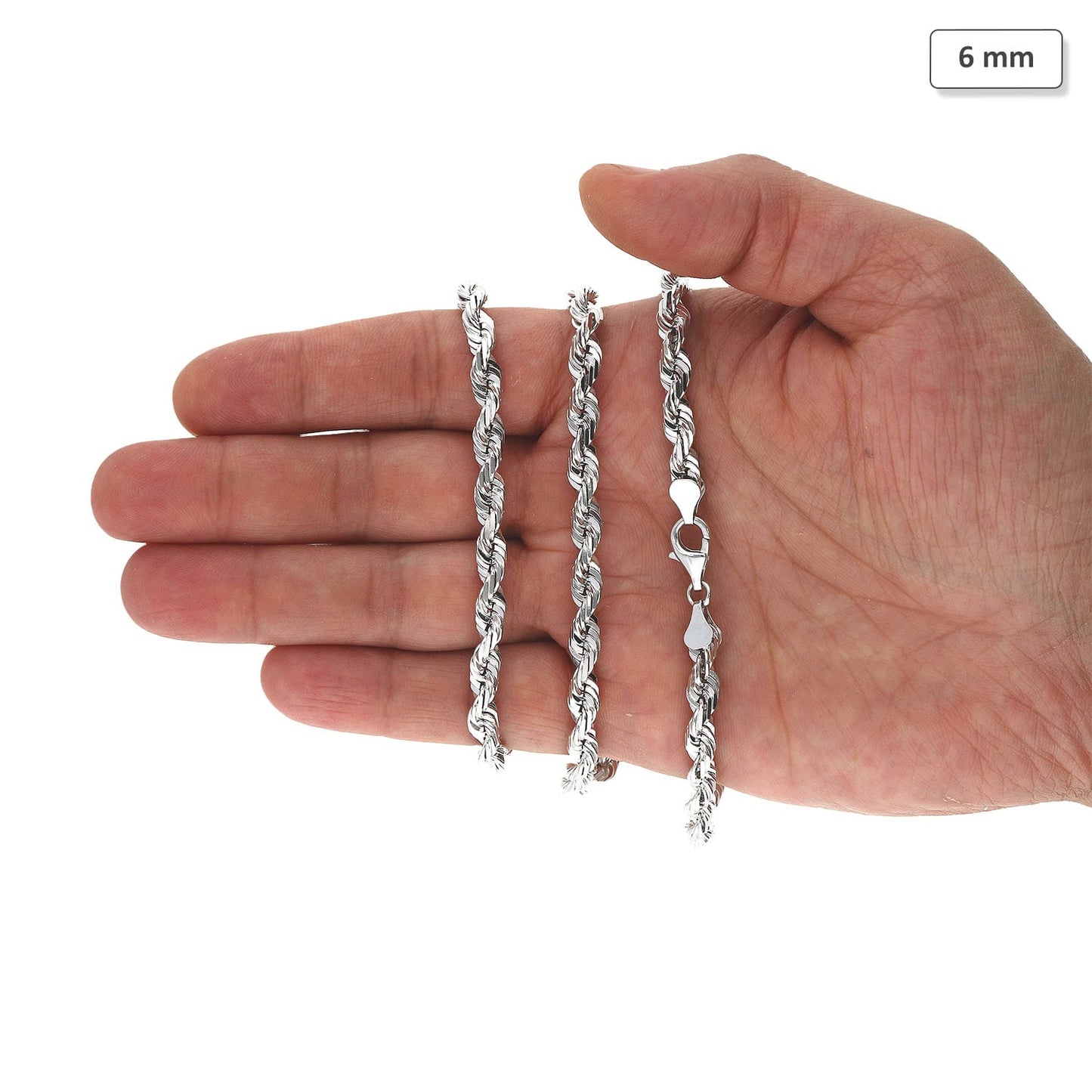 Solid 14K White Gold 6mm Diamond-Cut Rope Chain Necklace 22"-30"