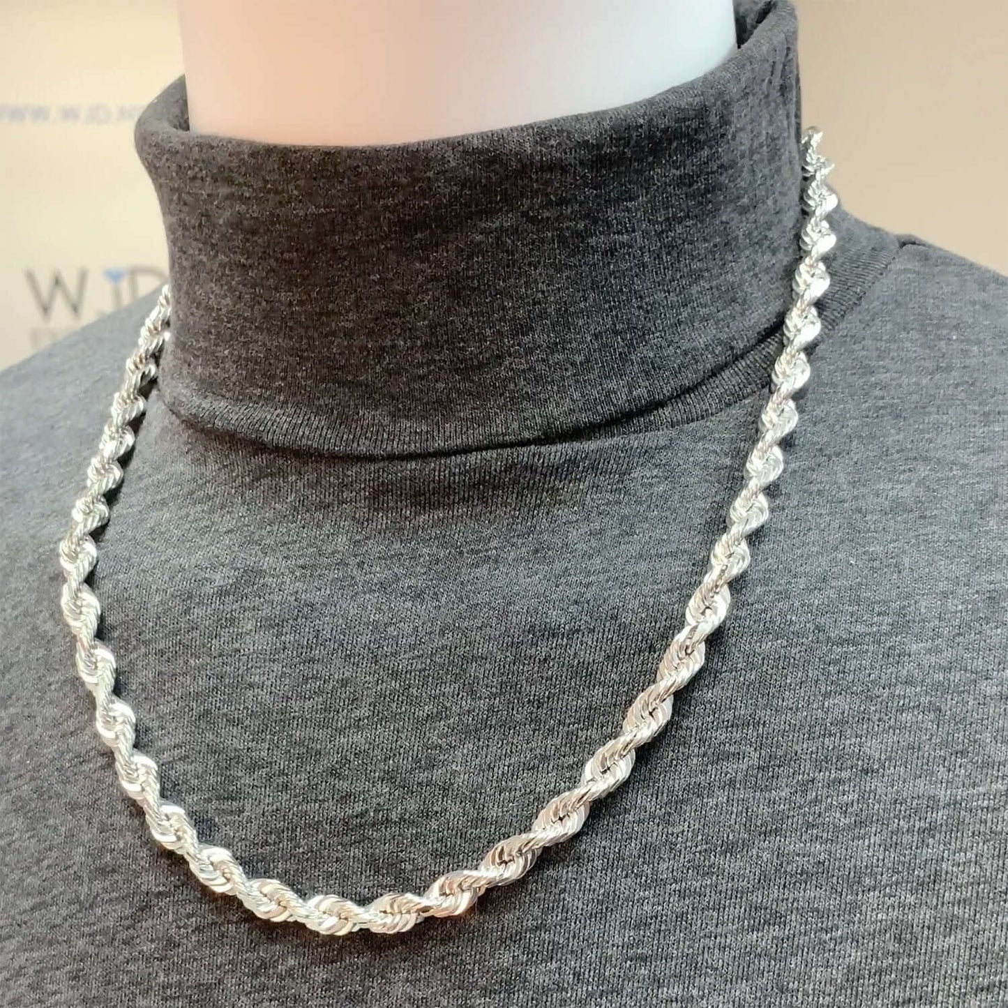 14K White Gold 7mm Diamond-Cut Rope Chain (Solid Links) 24"-30"