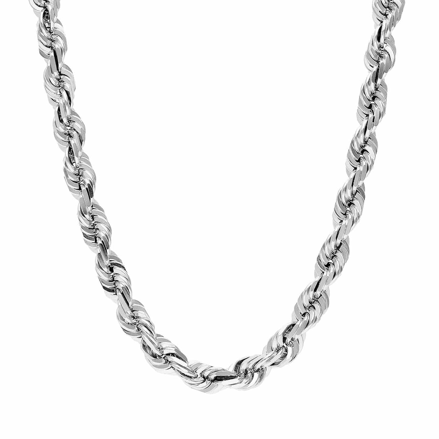 14K White Gold 7mm Diamond-Cut Rope Chain (Solid Links) 24"-30"