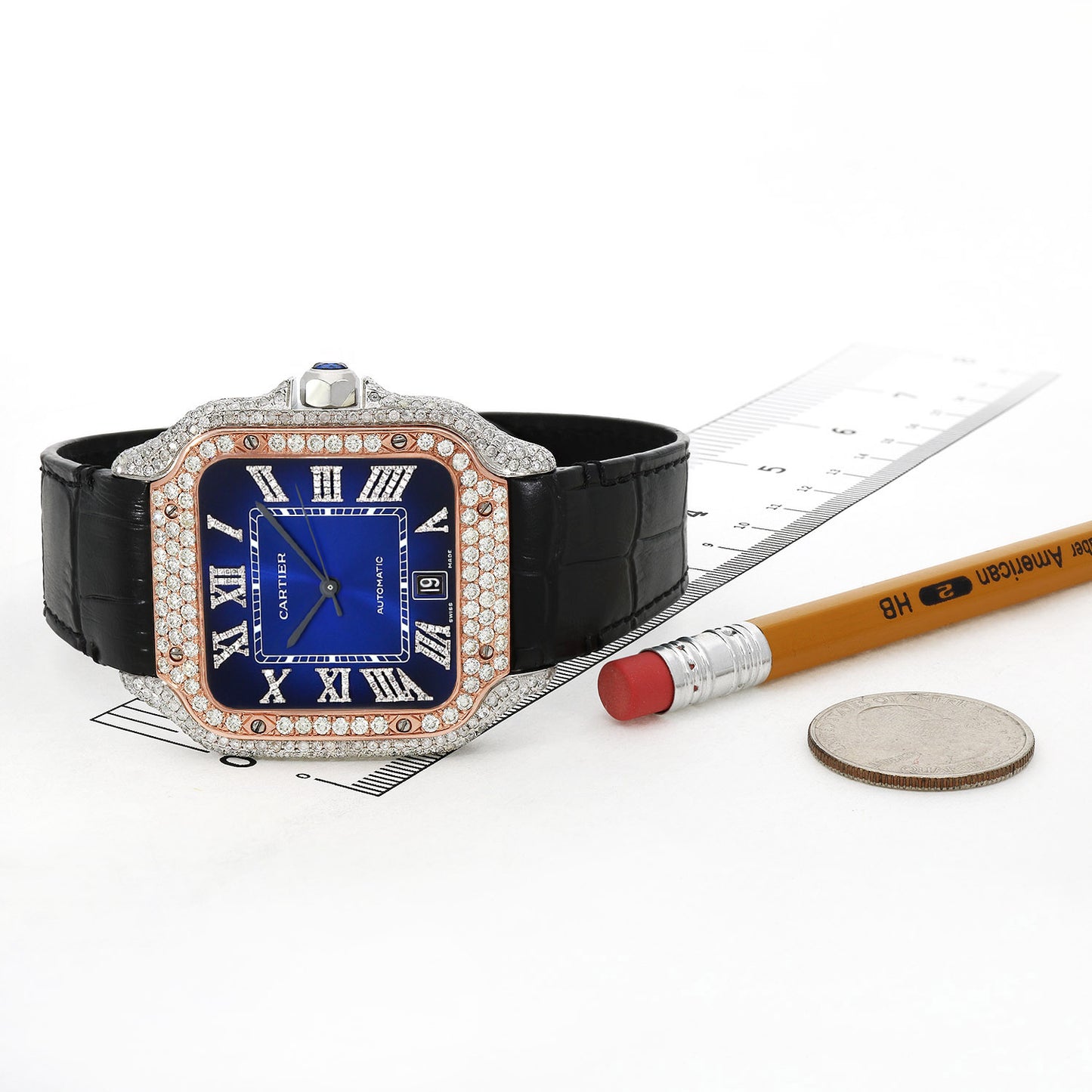 NEW 3.50TCW Natural Diamond Cartier Santos Large 40mm Pave Roman Blue Dial Men's Watch