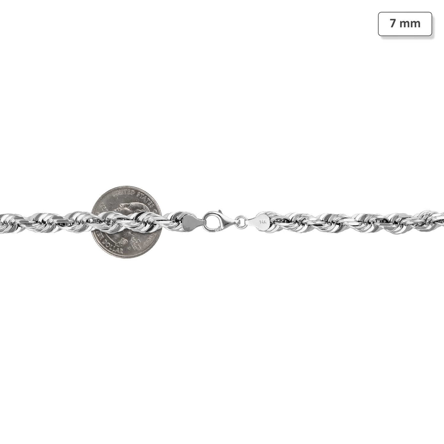 14K White Gold 7mm Diamond-Cut Rope Chain (Solid Links) 24"-30"