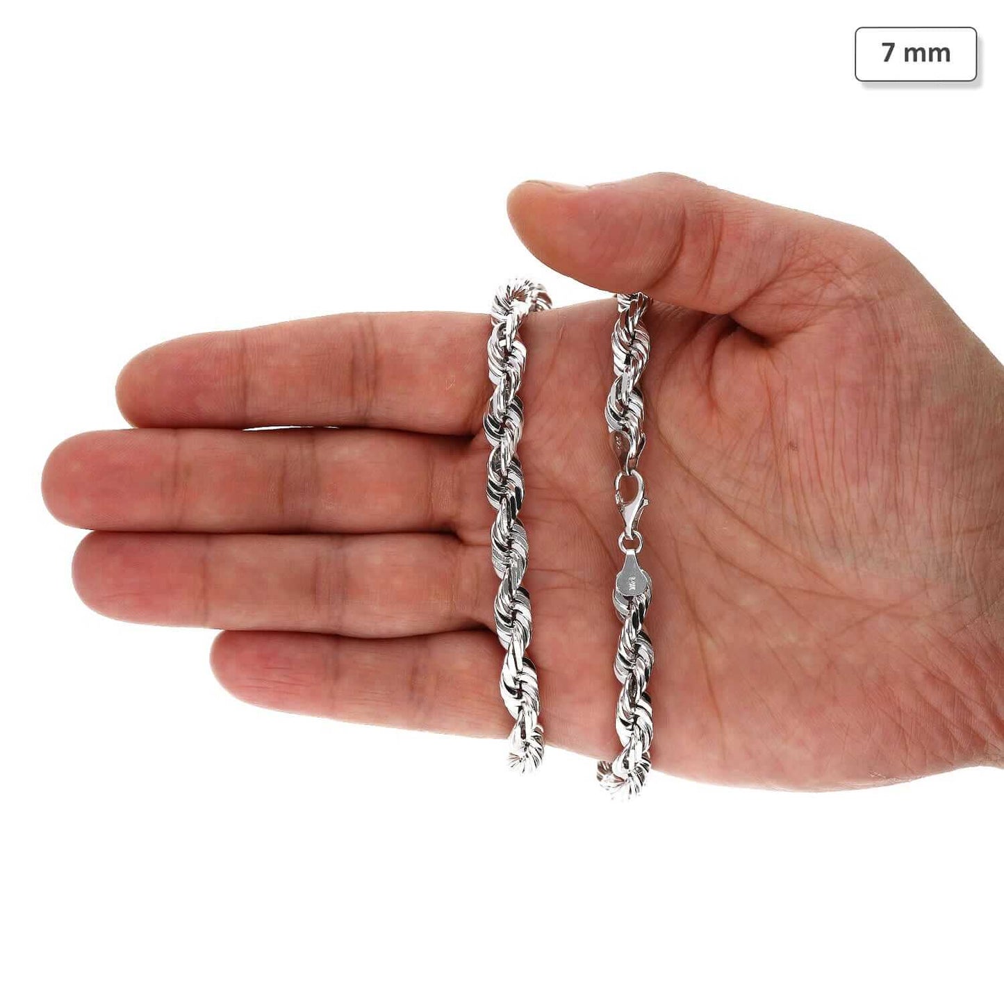14K White Gold 7mm Diamond-Cut Rope Chain (Solid Links) 24"-30"