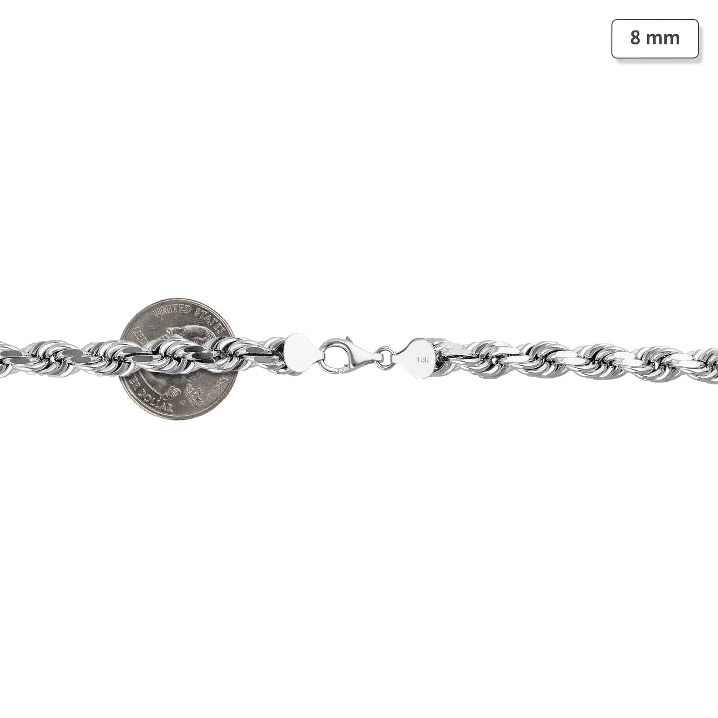 14K Solid White Gold 8mm Diamond Cut Rope Chain Necklace 20" 22" 24" 26" 28"
