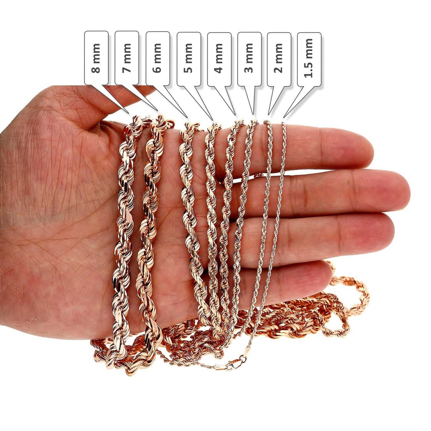 14K Rose Gold 8mm Diamond-Cut Rope Chain (Solid Links) 22"-28"