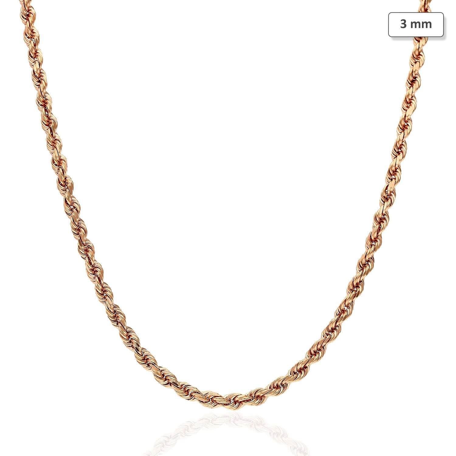 14K Rose Gold 3mm Diamond-Cut Rope Chain (Solid Links) 18
