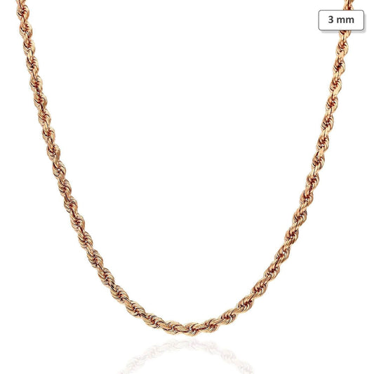 14K Rose Gold 3mm Diamond-Cut Rope Chain (Solid Links) 18"-30"