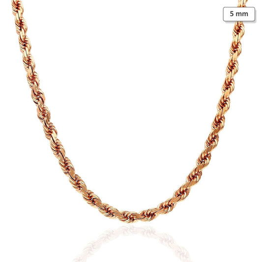 14K Rose Gold 5mm Diamond-Cut Rope Chain (Solid Links) 20"-30"