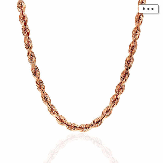 14K Rose Gold 6mm Diamond-Cut Rope Chain (Solid Links) 22"-30"