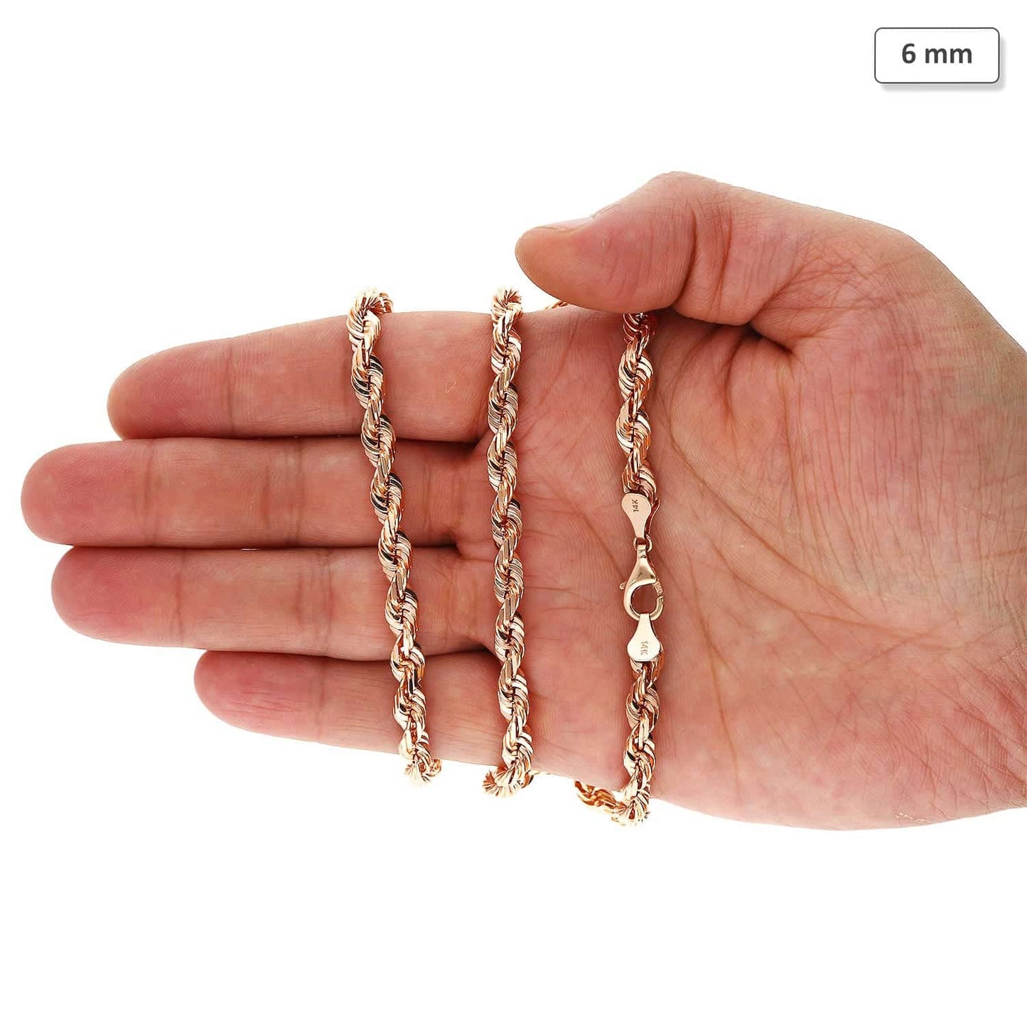 Solid 14K Rose Gold 6mm Diamond Cut Rope Chain Necklace 22" - 30"