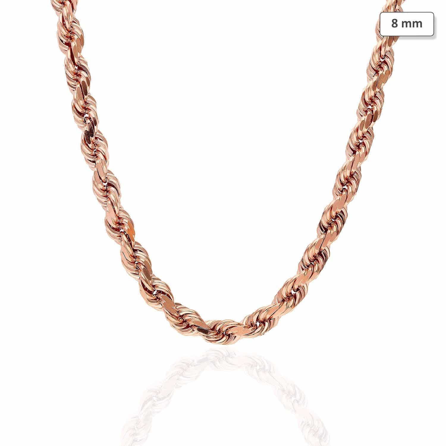14K Solid Rose Gold 8mm Diamond Cut Rope Chain Necklace 22
