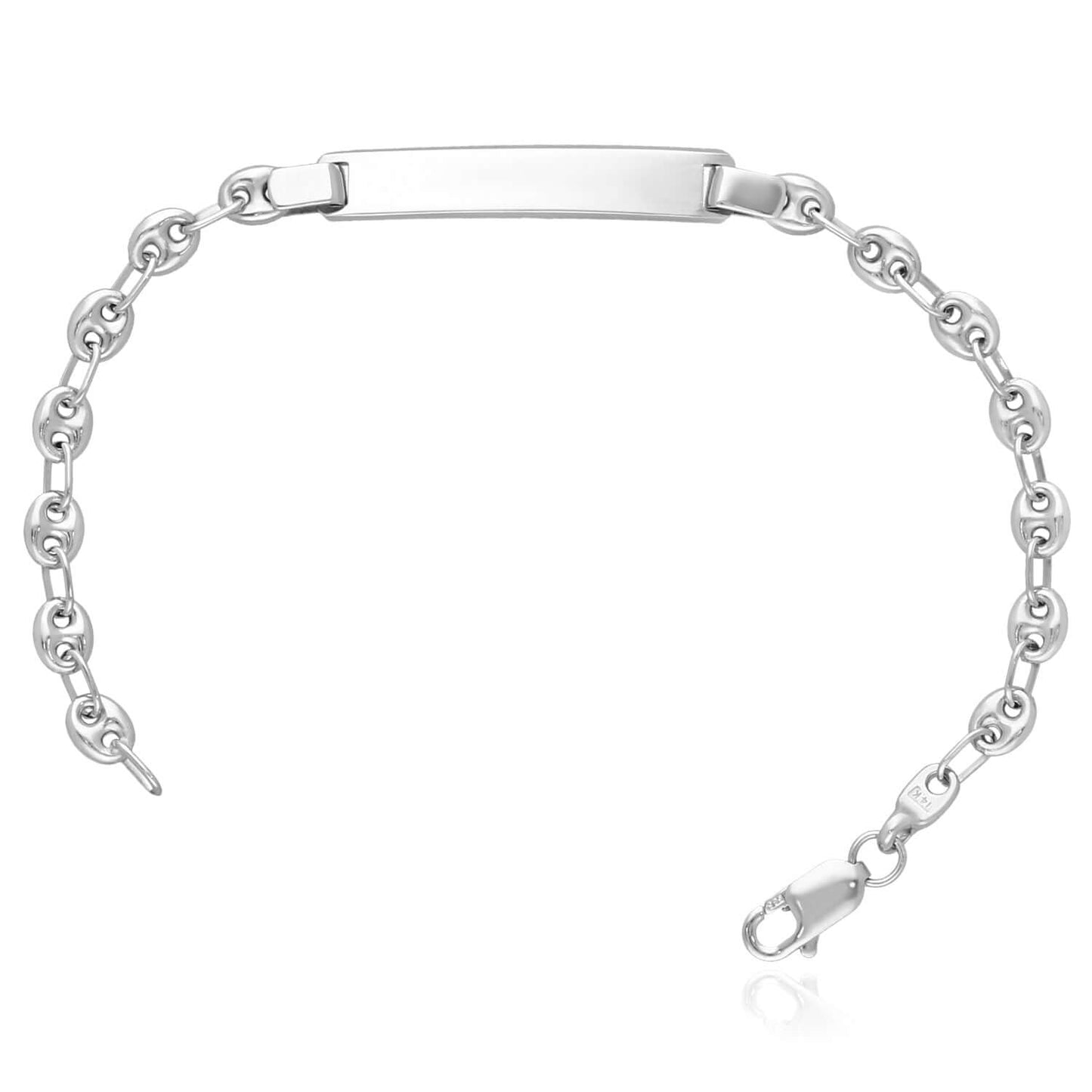 Customizable Real 14K White Gold 4mm, 5mm Puffed Anchor Link Engravable ID Bracelet 6"