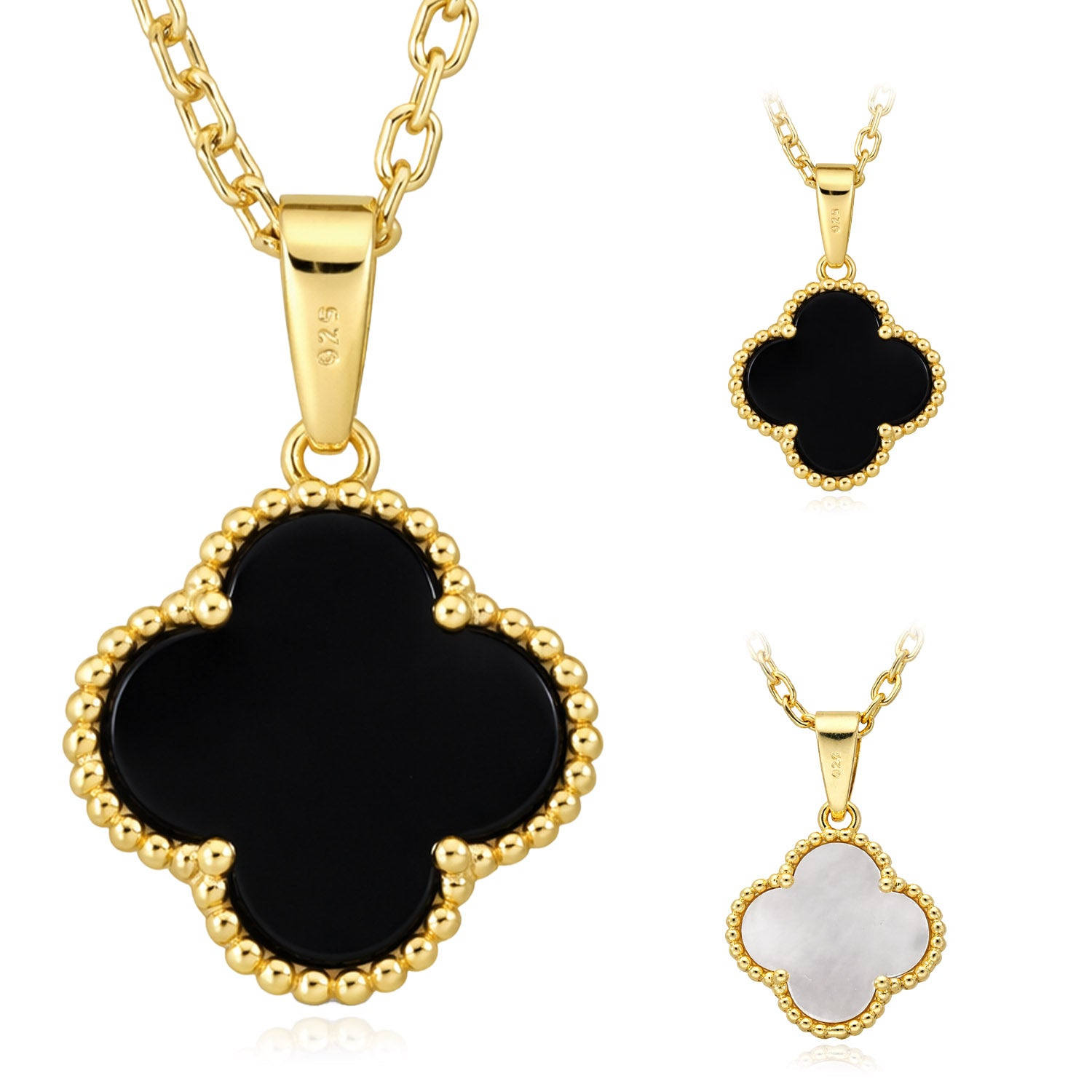 Gold-Plated 925 Sterling Silver Clover Black Onyx White MOP
