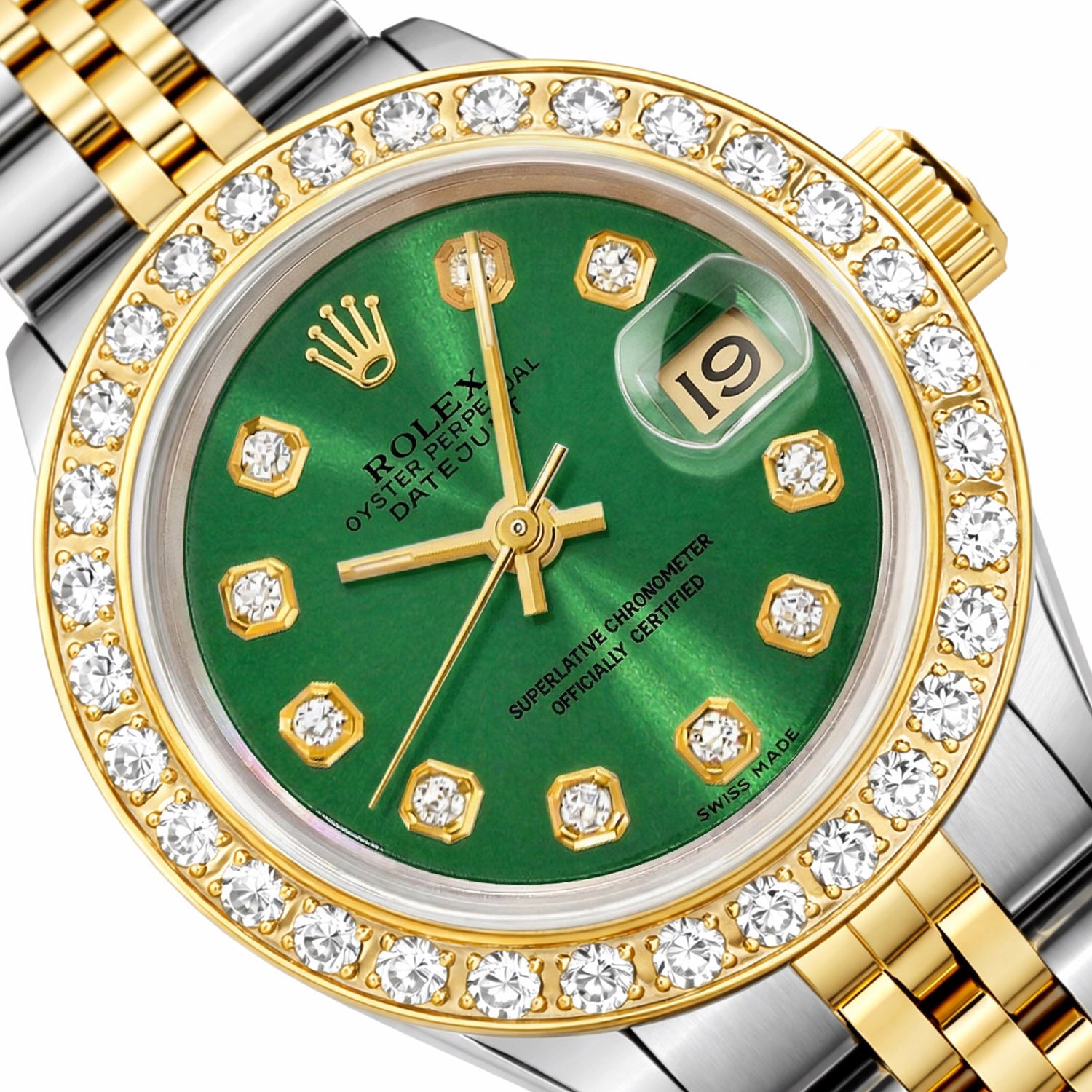 26mm Rolex Datejust 69173 Diamond Bezel Emerald Green Dial Steel