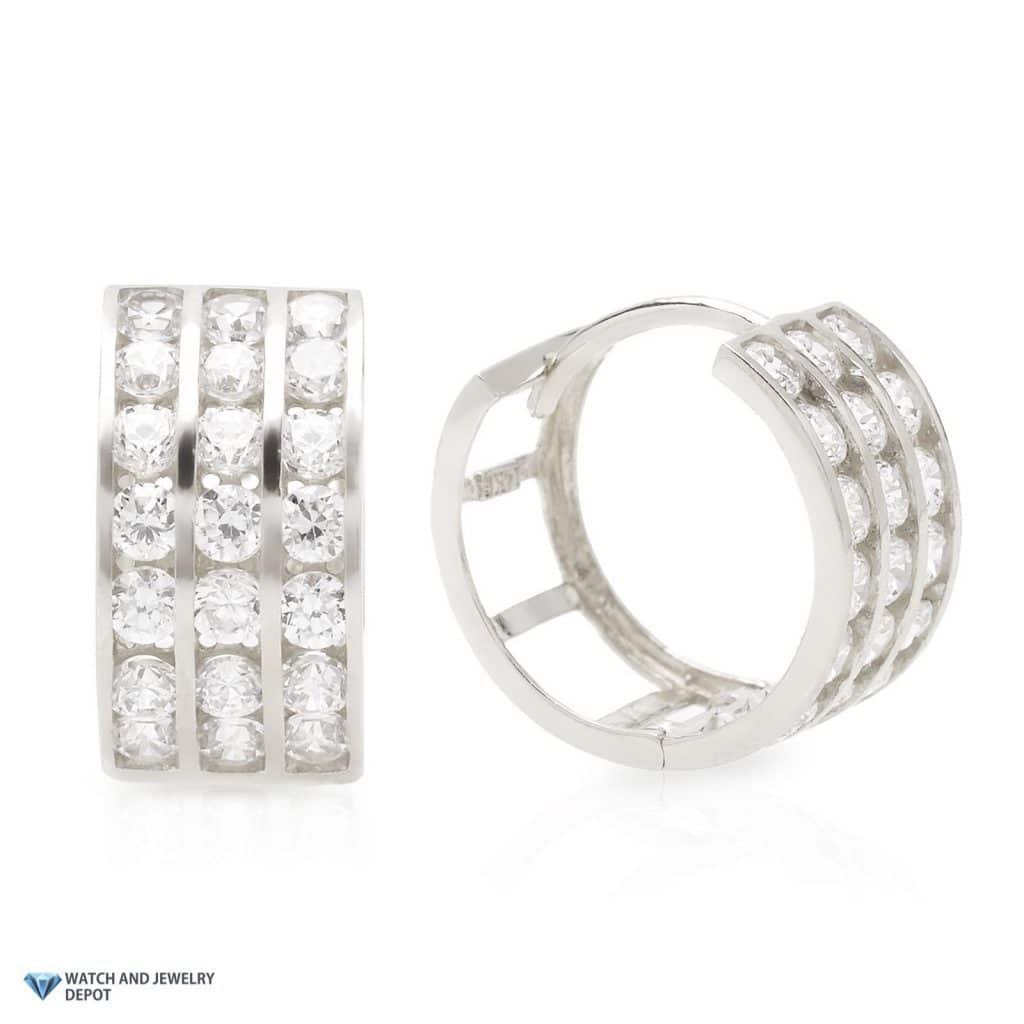 1.3CTW CZ 14K White Gold 3-Row Channel Huggie Hoop Earrings 0.5"