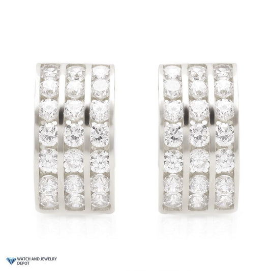 1.3CTW CZ 14K White Gold 3-Row Channel Huggie Hoop Earrings 0.5"