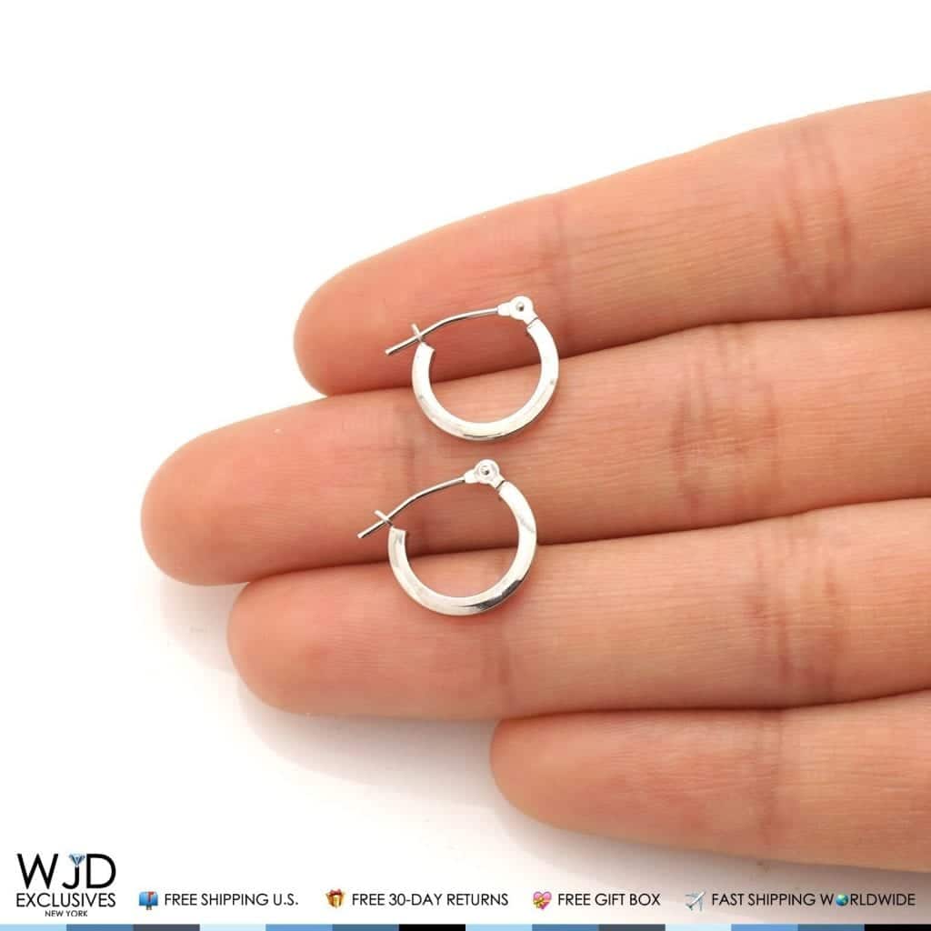 13mm Diameter Plain Square Hoop Snap Closure Earrings 14K Solid White Gold