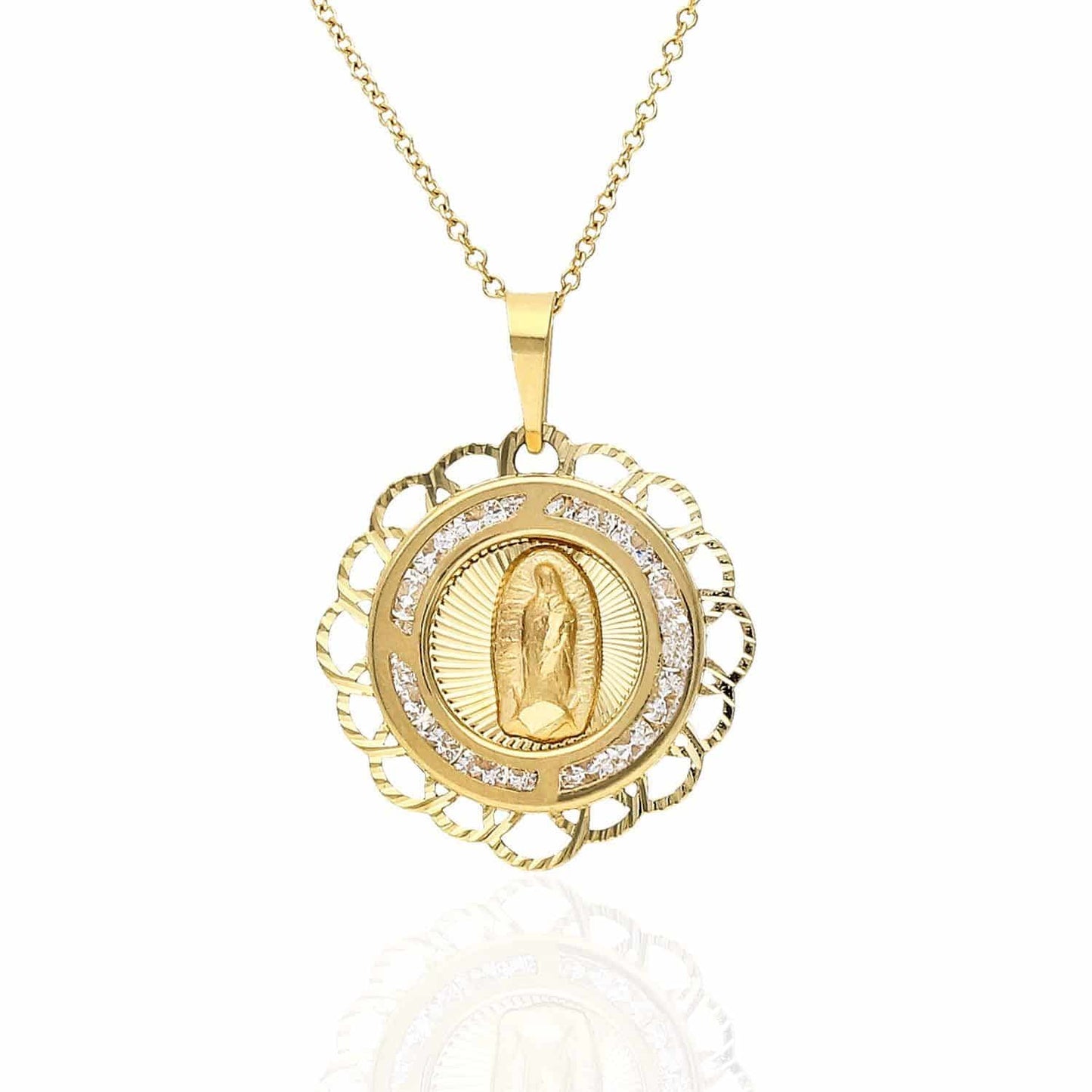 14K Solid Yellow Gold Our Lady of Guadalupe Diamond Cut Round Medallion Pendant