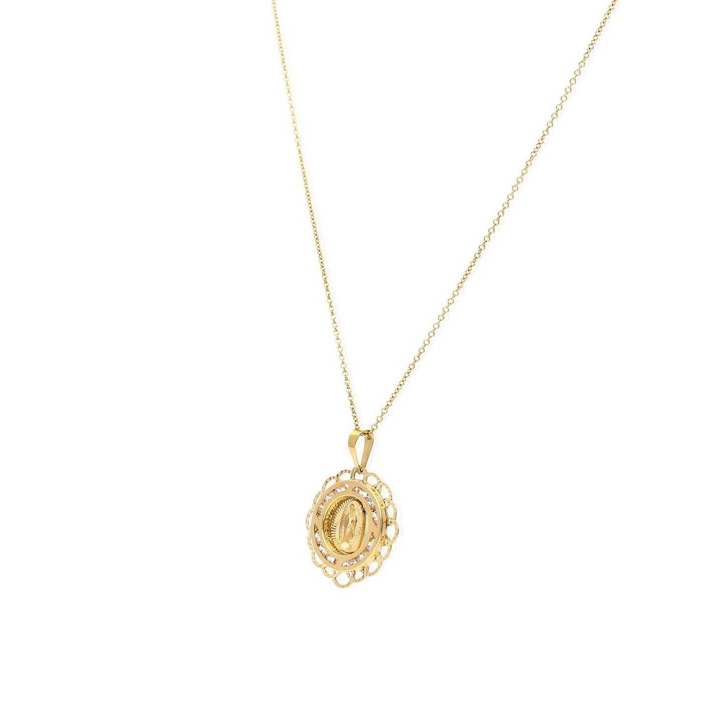 14K Solid Yellow Gold Our Lady of Guadalupe Diamond Cut Round Medallion Pendant