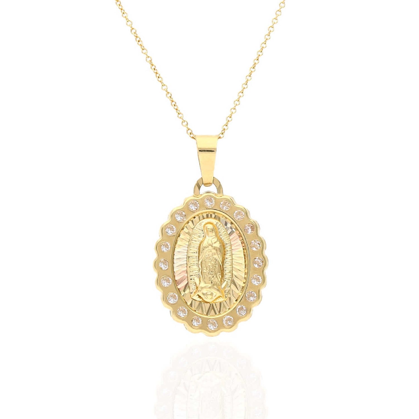 14K Solid Tri-Color Gold Diamond-Cut Our Lady of Guadalupe Oval Pendant