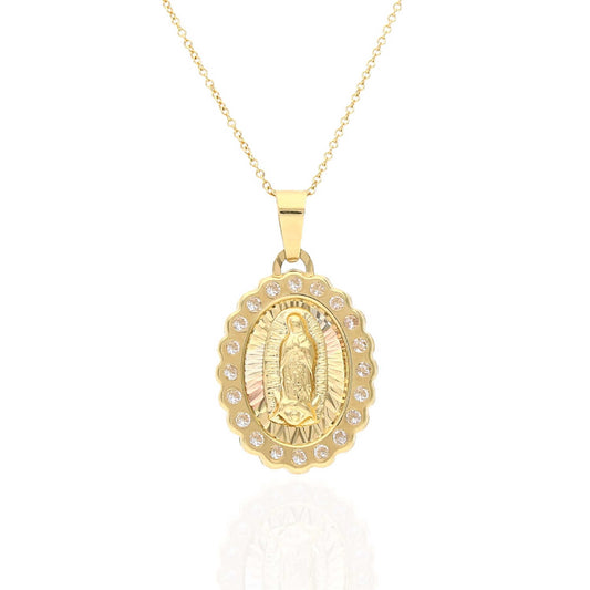 14K Solid Tri-Color Gold Diamond-Cut Our Lady of Guadalupe Oval Pendant