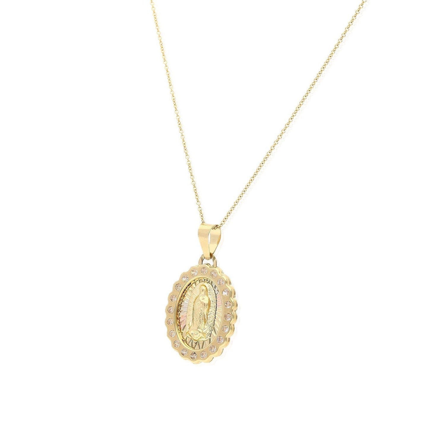 14K Solid Tri-Color Gold Diamond Cut Our Lady of Guadalupe Oval Charm Pendant