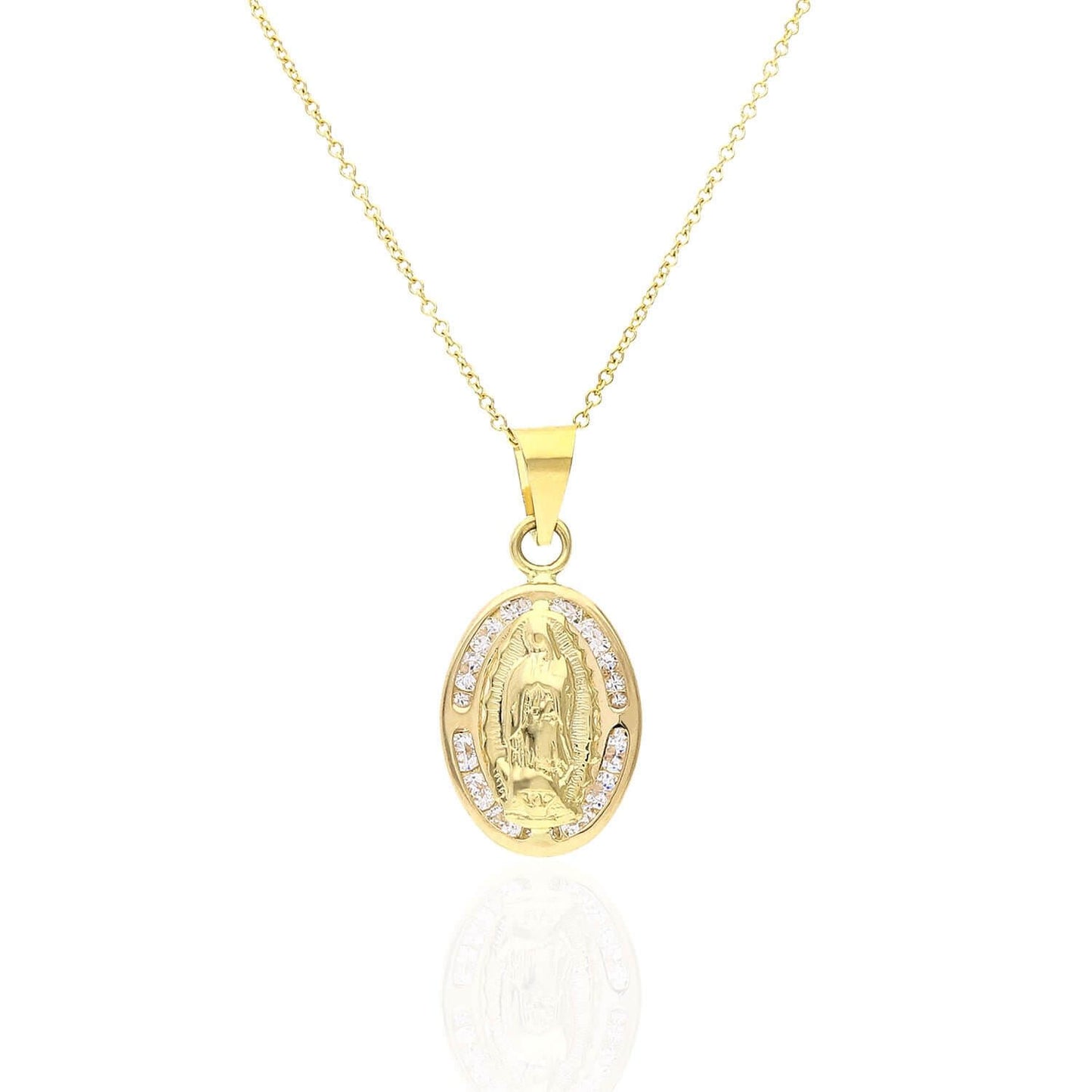 14k Yellow Gold Fancy CZ Our Lady of Guadalupe Mary Medallion Pendant