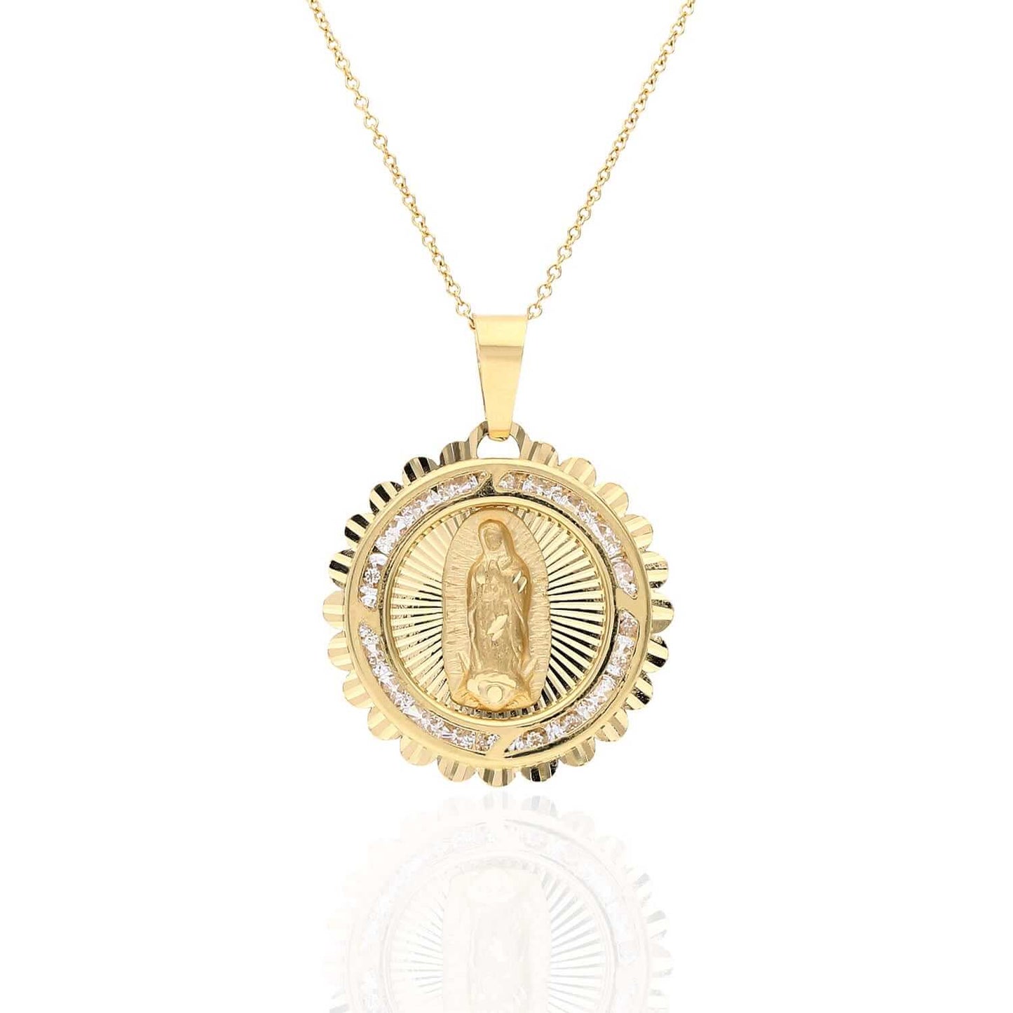 14k Yellow Gold Diamond-Cut C Z Our Lady of Guadalupe Medallion Pendant