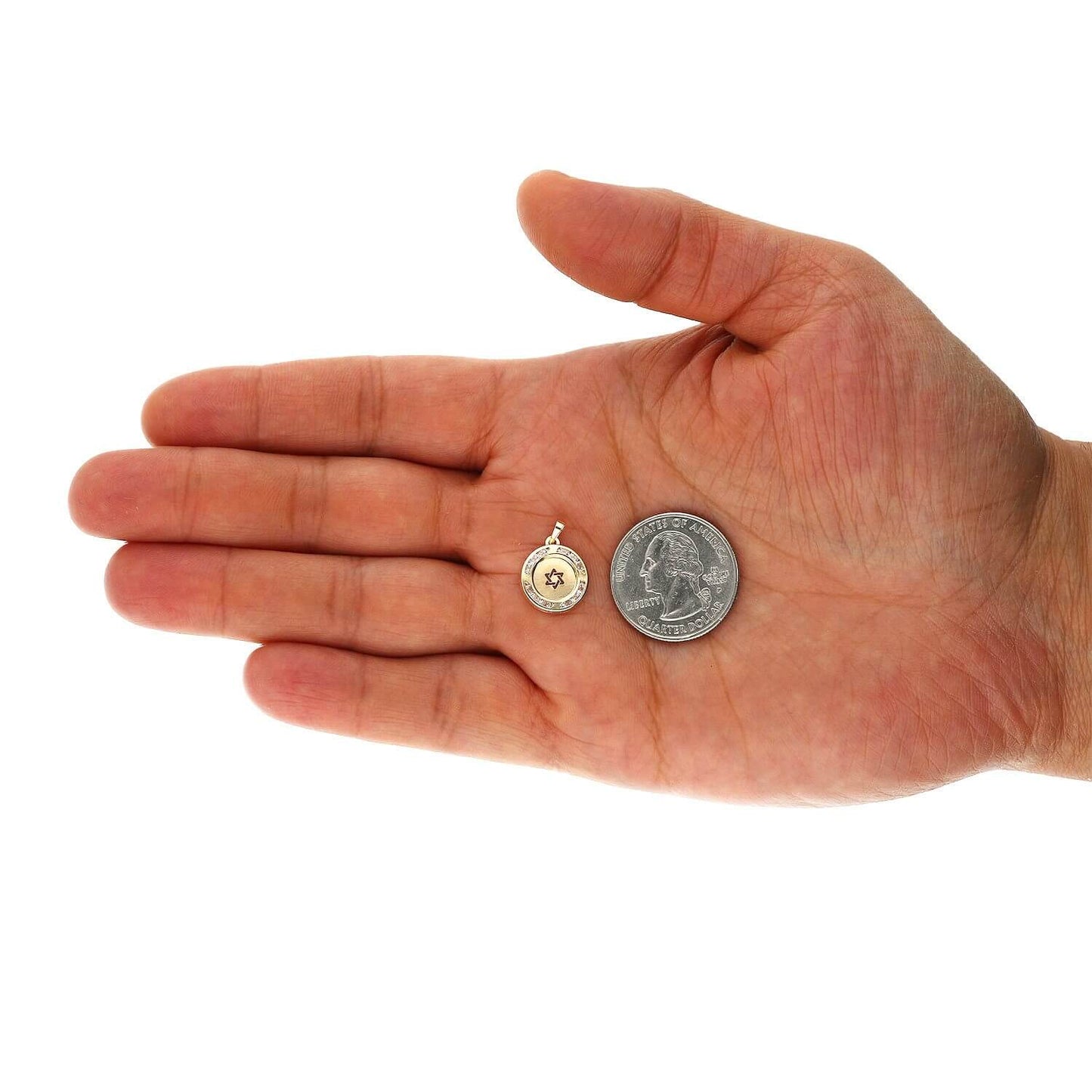 14K Yellow Gold White Zirconia Star Of David Round Medallion Pendant 14mm